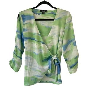 A.Z.I blue and green long sleeve wrap top blouse size small